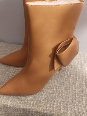 Pointed Toe Mid-Calf Heeled Boots with Decorative Side Bow in Camel